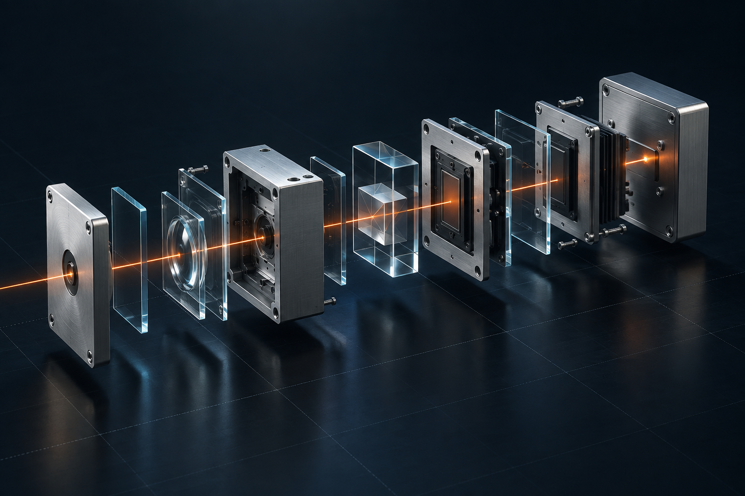 Exploded metal and glass system modules connected by an orange signal, illustrating explicit boundaries between stages.
